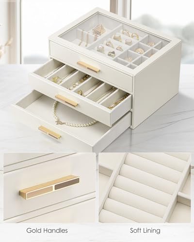 VLANDO Jewelry Box for Women, Glass Lid Jewelry Organizer with 3 Drawers for Necklaces Rings Earrings Bracelets Mother Day...