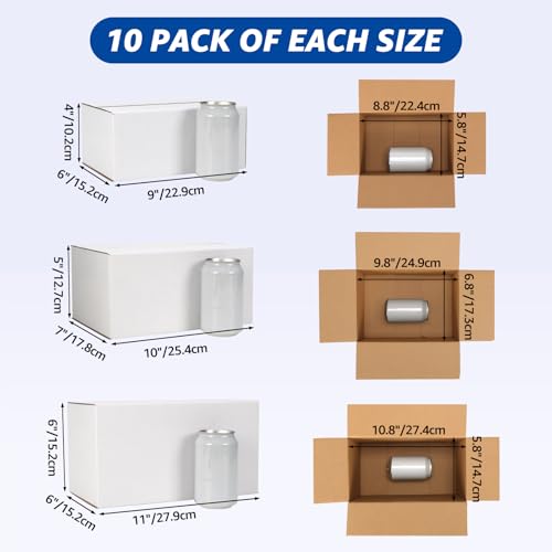 CRUGLA Assorted Sizes Shipping Boxes 30 Pack (11x6x6, 10x7x5, 9x6x4), White Corrugated Cardboard Mailers, Each 10 PCS Smal...