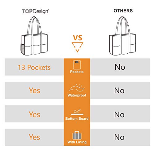 TOPDesign Utility Water Resistant Tote Bag with 13 Pockets, Top Zipper Closure & Thick Bottom Support, for Working Women