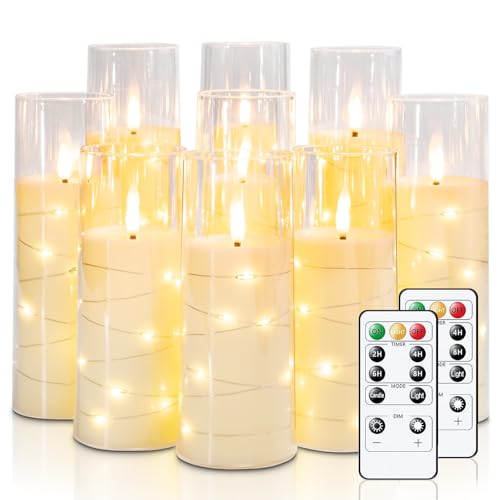 Raycare Flameless Candle with Remote Timer – 9 Flickering Acrylic Battery Operated LED Pillar Candles with Embedded Star S...