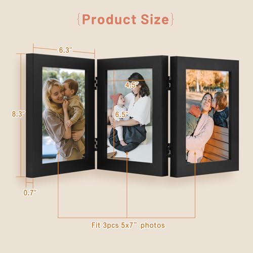 Golden State Art, 5x7 Three Picture Frame Trifold Hinged Photo Frame with 3 Openings, Desk Top Family Picture Collage, wit...