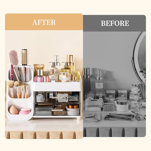Makeup Organizer with Drawers for Vanity Bathroom Counter Organizers and Storage, Large Skincare Organizer with Brush Toot...