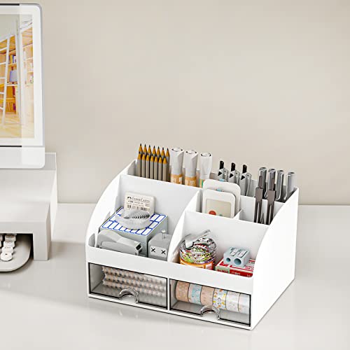 COMFYROOM Desk Organizer with 6 Compartments and 2 Drawers, Plastic Makeup Organizer, Pen Holder for Desktop Storage, Desk...