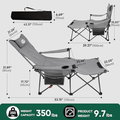 Northroad Foldable Camping Chair w/Foot Rest, Outdoor 6 Legged Beach Chair w/Footrest, Adjustable 90°- 135° Reclining Loun...