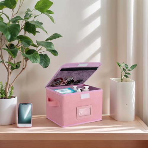 EsmeeSis Small Storage Box, Storage Basket with Lid, Foldable Cotton Linen Fabric Keepsake Box, Organizer Container with Z...