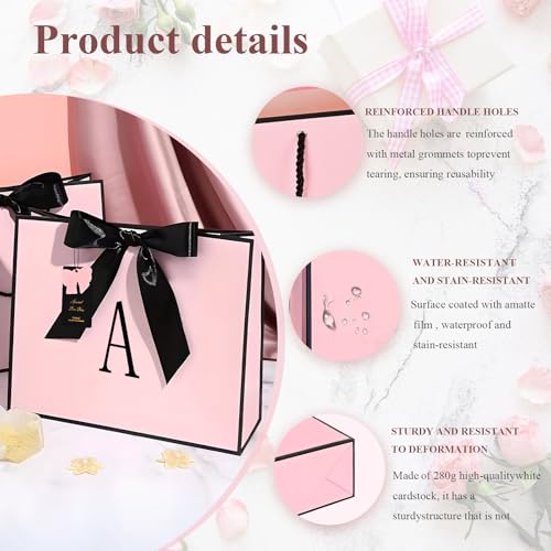 ZUKEPU Birthday Gift Bag, Personalized Initial Pink Gift Bags for Women & Girls, Medium Valentines Gift Paper Bags with Ca...