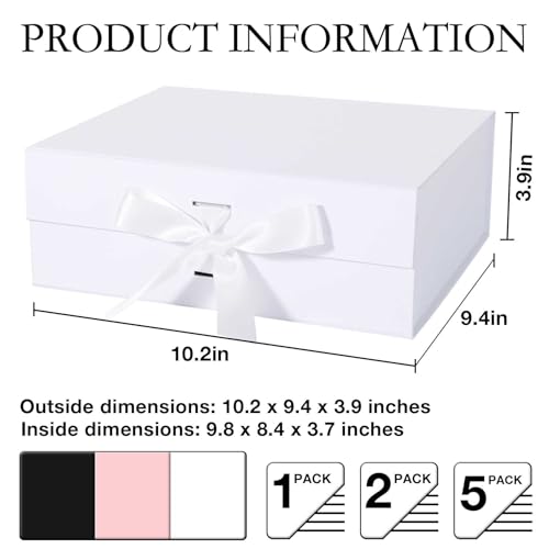 LFBOX White Gift Box with Ribbon Magnetic Lids 10.2x9x3.74 in, Christmas Gift Boxes Bridesmaid Groomsman Proposal Boxes, W...