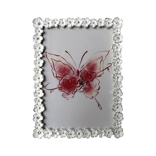 XinZhiRun Metal Picture Frame Silver Plated with White Flower Enamel Lovely Flowers Photo Frame 5 x 7 inch for Home Decor,...