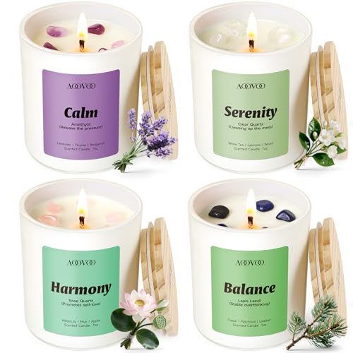 AOOVOO Calm Candles Set for Women - 4 Pack Candles for Home Scented, 28 oz 200 Hour Burn, Aromatherapy Candle with Crystal...