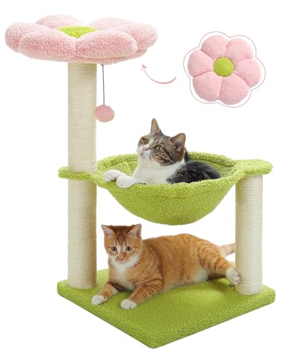 MUTTROS Flower Cat Tree, 28" Cat Tower with Cozy Flower Perch, Large Hammock for Indoor Small Cats, Cute Cat Tree with Sis...