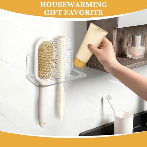 2-Pack Acrylic Hair Brush Holder Wall Mounted, Bathroom Organizer with Industrial Adhesive for Combs, Round Brushes, Hair ...