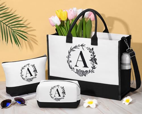 Personalized Gifts for Women, Initial Canvas Tote Bag & Makeup Bag Monogrammed Beach Tote Bags for Women w/ Zipper, Mother...