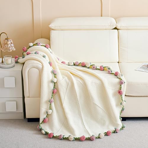 Crochet Flower Bouquet Throw Blanket, Handmade Knitted Blanket with Rose Flowers, Cute Romantic Gift for Her Girlfriend Mo...