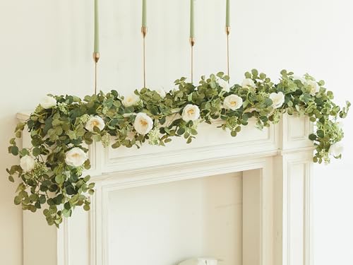 PARTY JOY 6.56ft Eucalyptus Garland with Flowers-8 White Roses, Artificial Fake Flowers Greenery Garland Floral Vines for ...