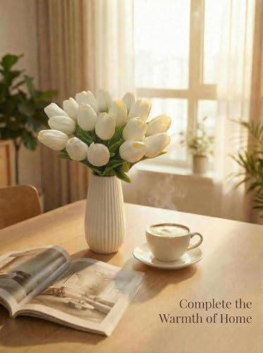 Mandy's White Artificial Tulips Flowers Centerpiece, 13.5" Lifelike PU Fake Floral Stems 20pcs for Kitchen Island & Dining...