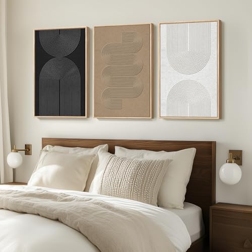 Large Framed Black and White Neutral Abstract Wall Art for Living Room, 3 Piece Boho Canvas Prints Paintings Artwork for W...