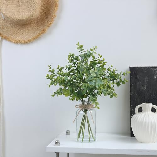 Zheart Fake Eucalyptus Stems in Glass Vase with Faux Water,14" Artificial Plants Eucalyptus Leaves for Shelf Desk Bathroom...
