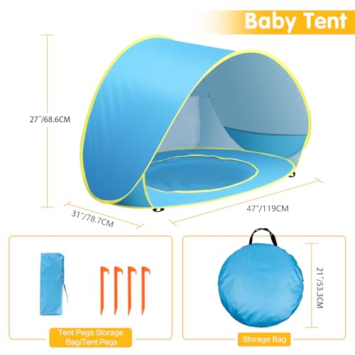 Baby Beach Tent with Pool, Pop Up Sun Shelter UPF 50+ UV Protection for Infant Toddlers, Portable Shade Tent with Carry Ba...