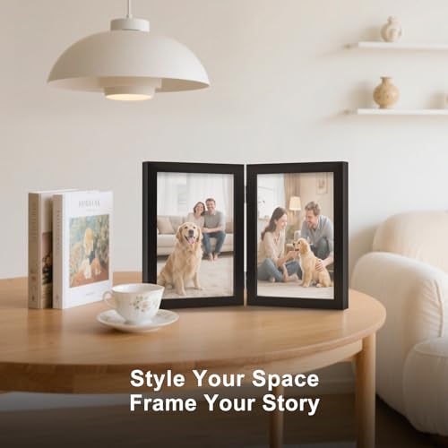 FOREV 5x7 Double Picture Frame Wooden Hinged Photo Frame Definition Glass Stand Vertically on Desktop or Tabletop Black
