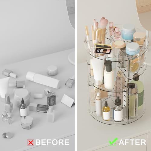Rotating Makeup Organizer, DIY 8 Adjustable Layers Spinning Skincare Organizer, Cosmetic Display Case with Brush Holder Pe...