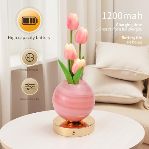 TXGZYBhg Tulip Flower Planet Lamp with Remote Control, Rechargeable Cordless Touch Dimming Artificial Flower Desk Lamp, LE...