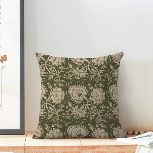 Green Pillow Covers 20x20 Inch Set of 2 Vintage Olive Green Floral Throw Pillows Neutral Modern Boho Block Print Floral Pi...