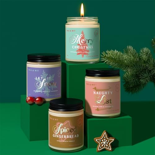 Wax & Wit Christmas Candles Gift Set Scented, Winter Holiday Set of 4 Pack Candle - Natural Coconut Soy Candles, 180+ Hr B...