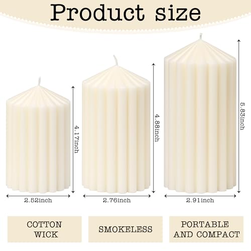 3 Pack White Ribbed Pillar Candles - Soy Wax Unscented, 2.76" x4.2/4.9/5.9 in Smokeless Non Toxic Cotton Wick, Aesthetic M...
