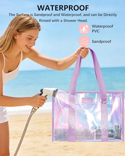 DSDCDJ Iridescent Beach Bags for Women, Large Jelly Tote Bag with Phone Pouch & Makeup Bag - Waterproof Beach Tote Bag