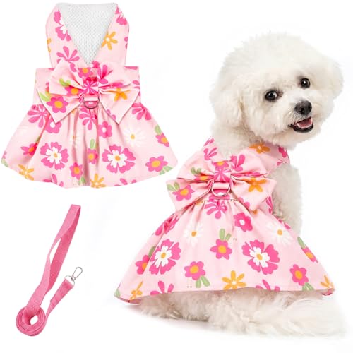 BAOBICUTE Dog Dress Harness Dresses Leash Set for Small Dogs Cute Girl Dog Clothes with Bowknot Puppy Outfits for Shih Tzu...