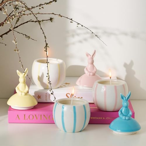 DN DECONATION 3-Pack Easter Bunny Ceramic Jar Scented Candles, Egg Shaped Soy Wax Candles with Rabbit Lid, Spring Home Dec...