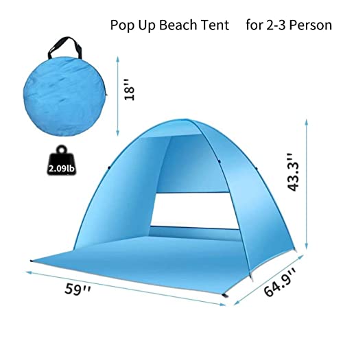 Pop Up Beach Tent –for 2-3 Person UPF 50+ UV Sun Protection Beach Shade Tent Pop Up Sun Shelter with Carry Bag and Stakes ...