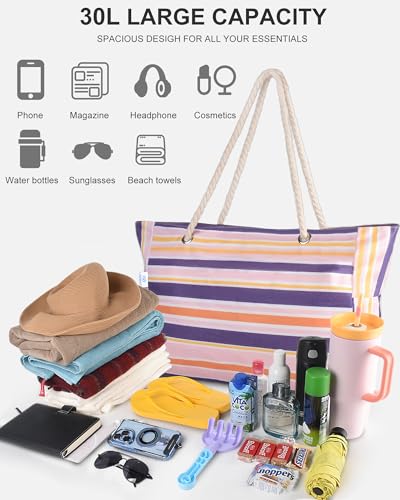 Genteen Beach Bag for Women, Large Waterproof Sandproof Beach Tote with Zipper Pocket, Solid for Travel Pool