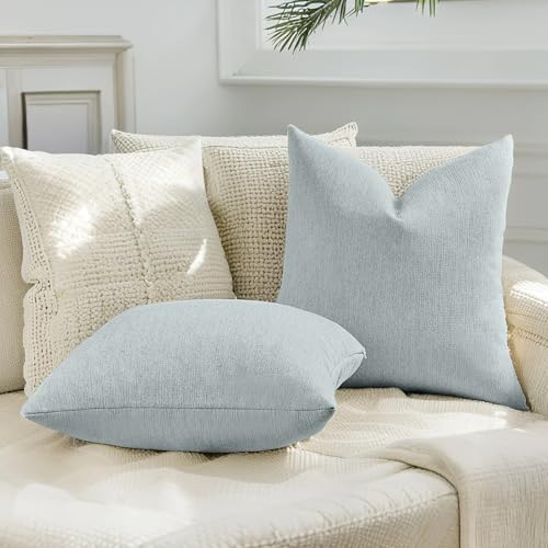 HAUSSY Dusty Blue Throw Pillow Covers 18x18 Inch Set of 2,Boho Decorative Faux Linen Throw Pillows Cozy Farmhouse Accent C...