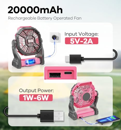 DOWILLDO 20000mAh Portable Battery Powered Camping Fan - with LED Light, Quiet Battery Operated, Camping Gear for Travel, ...