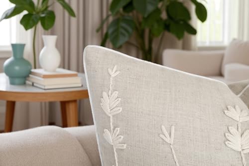 VAGMINE Hand Embroidered Linen Throw Pillow Cover 18x18 – Natural Square Decorative Accent Cushion for Sofa, Bed & Couch –...