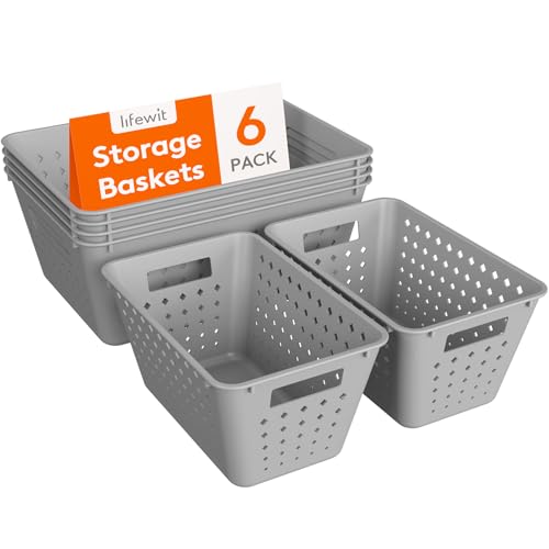 Lifewit Plastic Storage Basket for Organizing, 6 Pack Stackable Open Containers, Multi Size Storage Bins for Shelving, Pan...