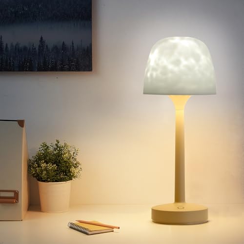 RGB Ocean Wave Projector Table Lamp, USB Rechargeable Cordless Night Light with Remote Control, Dimmable Touch Desk Lamp f...