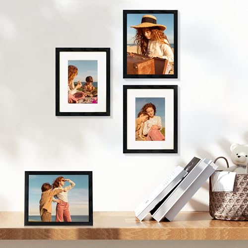 Vittanly 8x10 Picture Frame Set of 4, Display Pictures 5x7 with Mat or 8x10 without Mat, Engineered Wood with Shatter Resi...