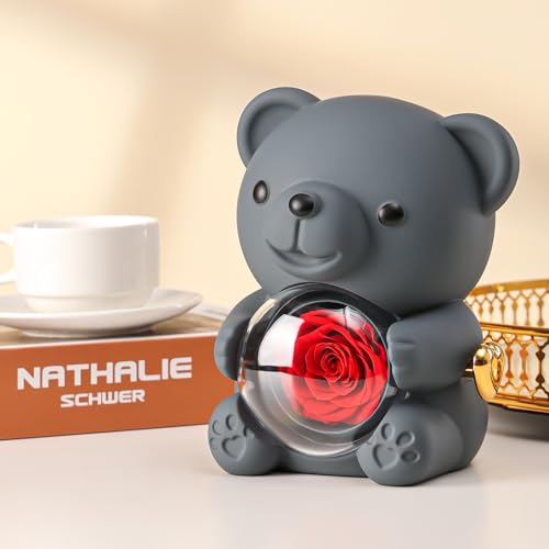 Cute Teddy Bear with Preserved Rose - A Real Rose Flower in Bear with Elegant Gift Box - Romantic Gift for Her in Mother's...