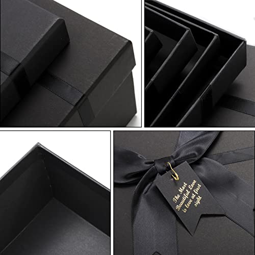 ZENFUN 5 Pack Black Nested Gift Boxes with Lid for Valentine's Presents, 5 Sizes Luxury Packaging Box with Ribbon Bows and...