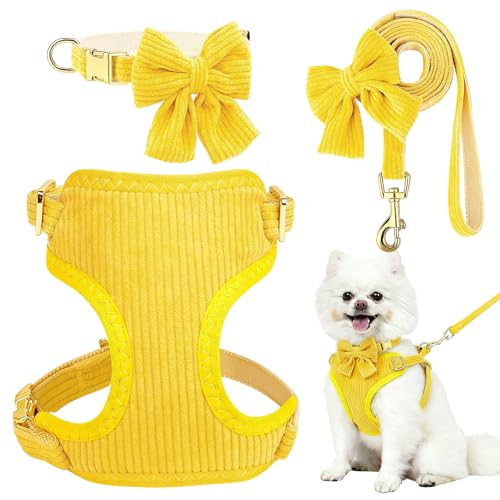 Small Dog Collar Harness and Leash Set, Dog Harness no Pull with Bowtie, Breathable Cotton Adjustable Pet Puppy Harness, E...