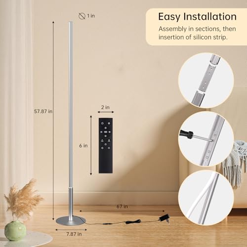 Marlrin Minimalist Corner Floor Lamp 2700K-6500K Dimmable with Remote Control 57.8" Height Metal Slim Ambient Standing LED...