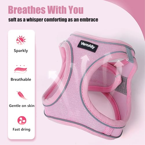 VernAlly Sparkly Dog Harness Small Sized and Leash Set for Small Dogs Cats,Pink XXS Puppy Harness, Step in Soft Dog Reflec...