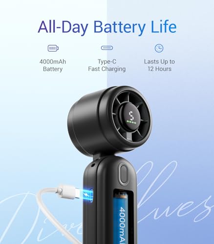 Diveblues Handheld Fan, 30ft/s Mini Portable Turbo Fan [12H Max Cooling], 4000mAh Personal Fan with LED Display, 3-in-1 Ha...