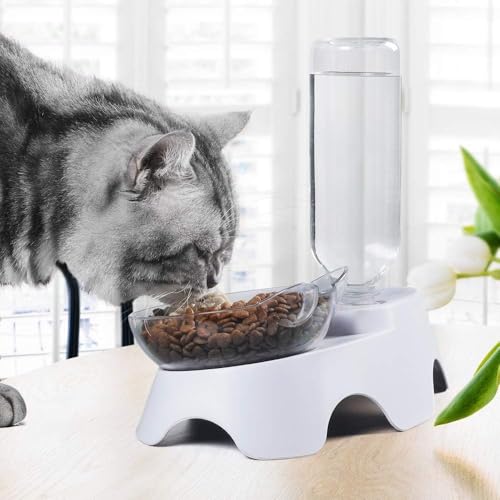 MILIFUN Double Dog Cat Bowls - Pets Water and Food Bowl Set, 15°Tilted Water and Food Bowl Set with Automatic Waterer Bott...