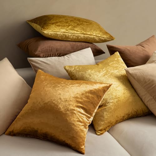 MIULEE Velvet Throw Pillow Covers 18x18 Inch, Pack of 2 - Golden, Super Soft Decorative Square Cushion Cases Modern Luxury...