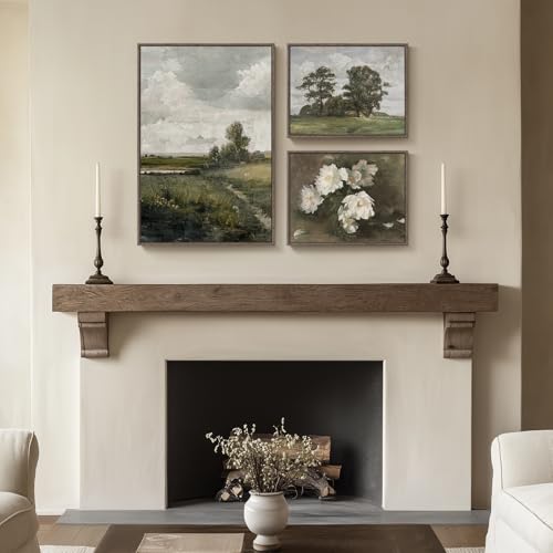 3 Piece Framed Vintage Canvas Wall Art Set, Large Green Floral and Tree Landscape Farmhouse Painting Print, French Country...
