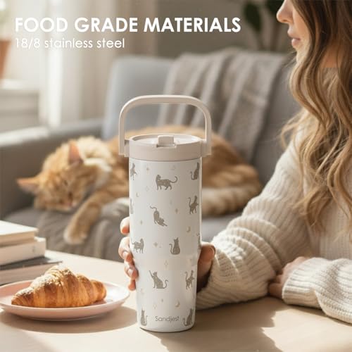 SANDJEST Cat Stainless Steel Straw Lid Tumbler 30oz with Carry Handle for Women Girls Cat Lovers, Insulated Travel Coffee ...