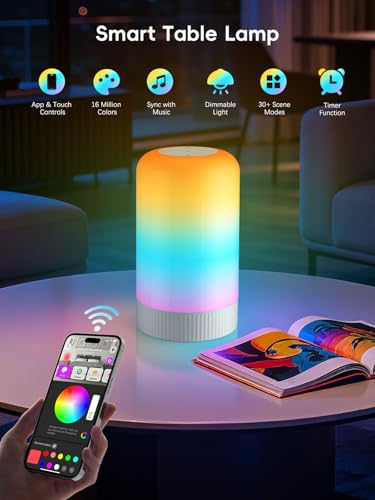RGBICWW Smart Table Lamp, Touch Bedside Lamp with App Control, LED Desk Lamp with Music Sync, 30+ Scenes & 16M Colors, Col...